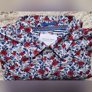 Cactus Man Mens Long Sleeve Button Down Shirt S Red Flowers Blue Gray White